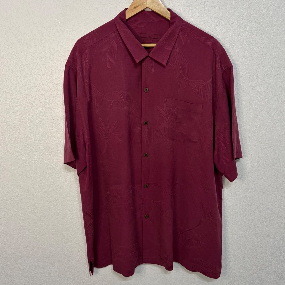 Tommy Bahama Mens XL Silk Camp Shirt Burgundy Tropical Leaf Jacquard Button Down